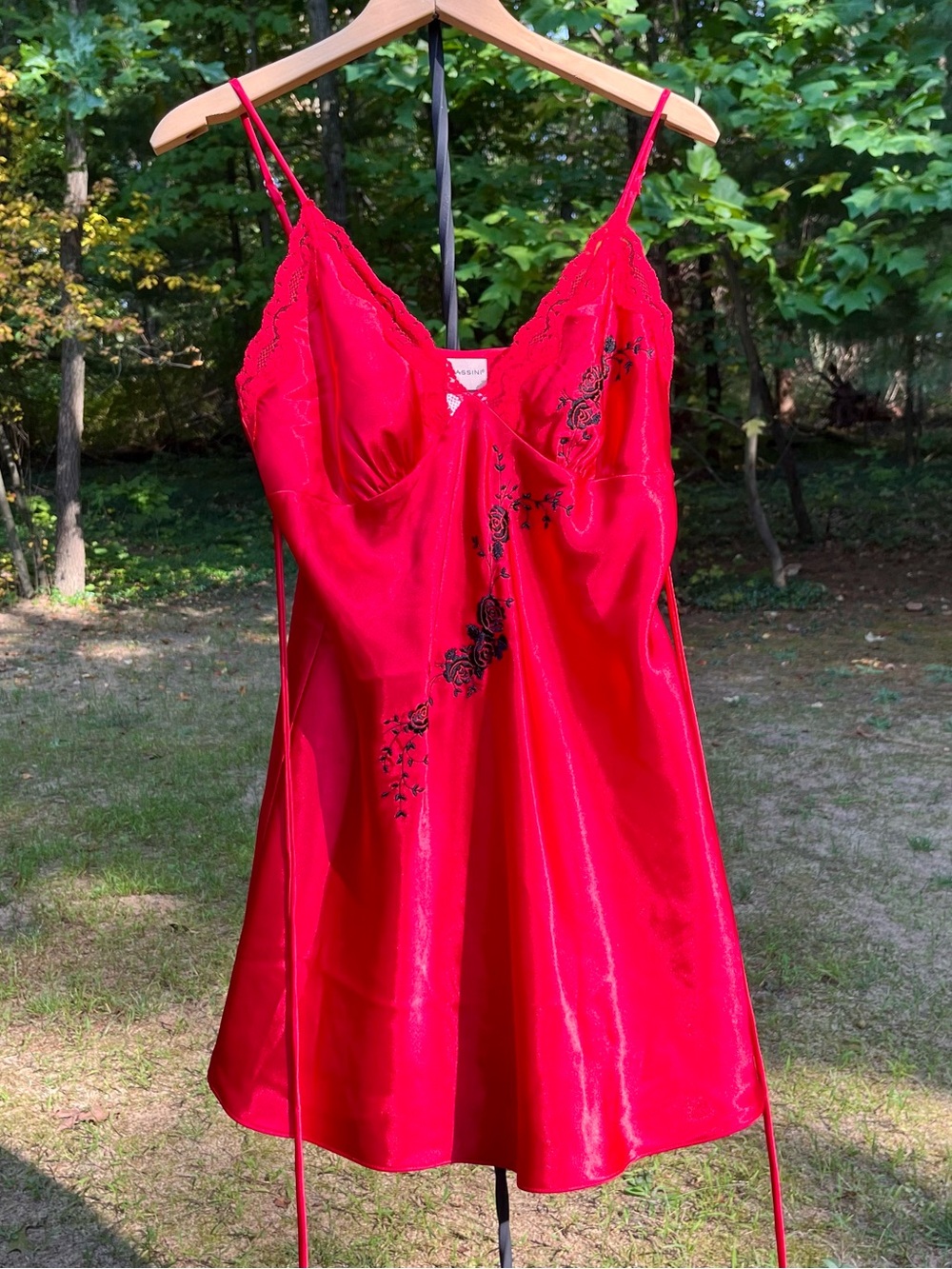 Y2K Massini Red Satin Black Embroidered Roses Mini Slip Dress Sexy Whimsigoth
